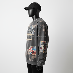 Premium 330 GSM sudadera de lana de algodón estilo extragrande lavado negro tela desgastada parche bordado básico sudadera - Product Image 4