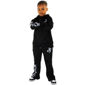 Tendance enfants noir empilé survêtements ensembles coton enfants sweats à capuche + pantalons empilés ensemble enfants évasés survêtements ensembles garçons vêtements - Product Image 1