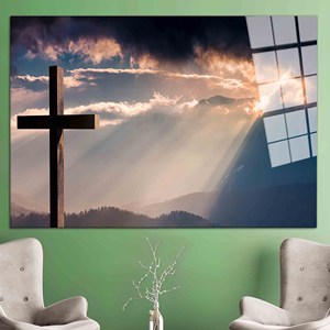 Lienzo Impreso: Obra de Arte de Jesucristo, Montañas al Amanecer, Regalo Religioso, ARTE EN VIDRIO TEMPLADO - Product Image 1