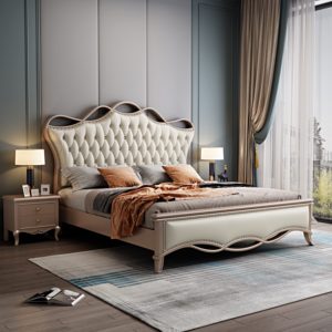 Cama tradicional blanca tapizada con cabecero capitoné y listones de madera - Product Image 4