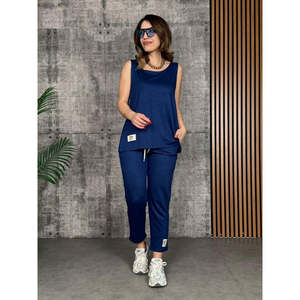 Ensemble deux pièces pour femme, chemisier à bretelles et col rond en viscose à deux fils et pantalon de survêtement, 26612 - Bleu marine - Product Image 1