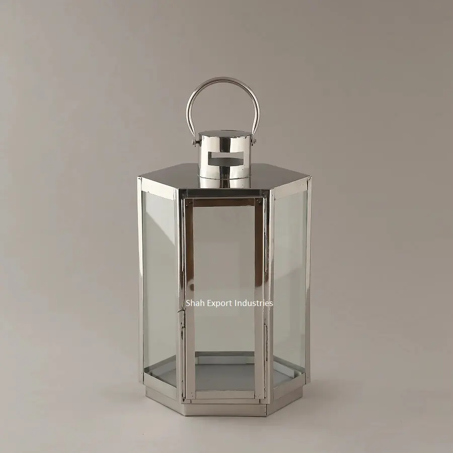 Stainless Steel/Glass Hanging Lantern For Home Decor Farmhouse Decorative Candle Lanterns shiny silver polish