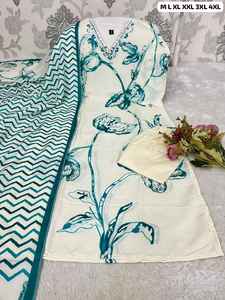 Kurti de Seda Muslin para Mujer, Estampado, con Diseño Bollywood, Elegante y Moderno, con Pantalón y Dupatta, Hecho en India - Product Image 2