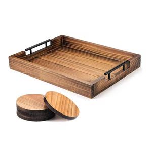 Bandeja decorativa de madera con mango de metal que incluye 4 posavasos redondos de madera - Product Image 1