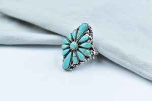 Handmade Turquoise and <b>Sterling</b> <b>Silver</b> <b>Adjustable</b> <b>Ring</b> - Statement Cluster <b>Ring</b> for Women - Product Image 4