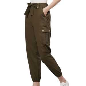 Pantalon pour femme en coton/polyester avec logo personnalisé écologique, respirant, plat, fitness, décontracté, taille haute, coupe droite et ample, été - Product Image 1