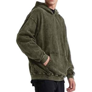 Low MOQ Dark <b>Green</b> Kangaroo Pockets Acid Wash Hoodie Pullover 100% Cotton <b>Men</b> Oversized Fit Streetwear Hoodies - Product Image 4