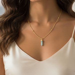 Collier tendance en argent sterling avec pendentif en amazonite en forme de balle plaqué or, chaîne à billes, pour fiançailles et fêtes - Product Image 5