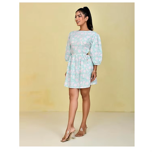 Vente chaude pur coton Co Ord ensemble pour femmes en couleur sarcelle avec main bloc imprimé fleuri et élégant cravate avant de l'inde - Product Image 3