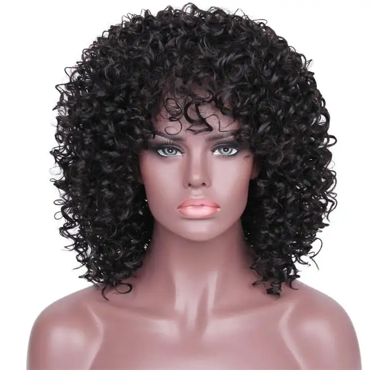 Wig keriting warna hitam kuat Afro Kinky dengan poni potongan Pixie Wig tanpa lem renda pendek keriting Afrika Amerika untuk wanita hitam