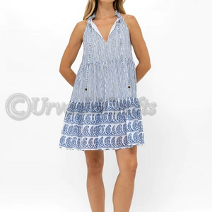 ทําจากผ้าฝ้ายน้ําหนักเบาพิมพ์ลายแฮนด์บล็อค ปรับผูกคอได้ รายละเอียดคอปกมีรอยจีบ - Product Image 1