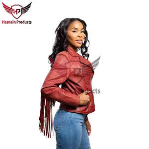 Chaqueta de cuero auténtico rojo oscuro para mujer con flecos en las mangas, borlas, piel de oveja, estilo vaquero occidental, abrigo de motociclista, ropa de abrigo personalizada para invierno - Product Image 2