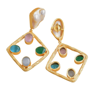 Boucles d'oreilles pendantes géométriques en laiton naturel, perle d'eau douce, pierre naturelle, finition laiton satiné, sans nickel, durables, qualité export en vrac - Product Image 4