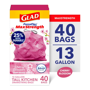 Sacs poubelle à cordon pour cuisine Glad ForceFlex MaxStrength, 13 gallons, parfum fleur de cerisier, 40 sacs - Product Image 1