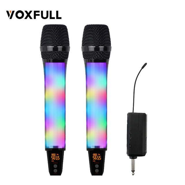 VOXFULL 2.4G Wireless Microphone System 1 to 2 RGB Handheld Mic Rechargeable Karaoke Mic Dual Channel with LED Lights