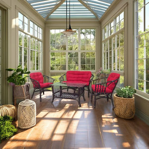 Juego de Muebles de Salón de Ratán, Diseño Moderno Antiguo, Bonanza, Elegante, con Cojín Rojo, Mesa de Centro No Plegable, para Villas - Product Image 1