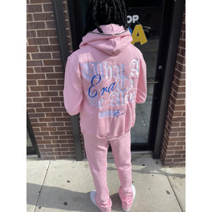 Full <b>Zip</b> <b>up</b> <b>Hoodies</b> and Flared Stacked Sweatpants Two Piece Tracksuit Set Customize Cotton Puff Print Women Unisex Sweatsuit Men - Product Image 2