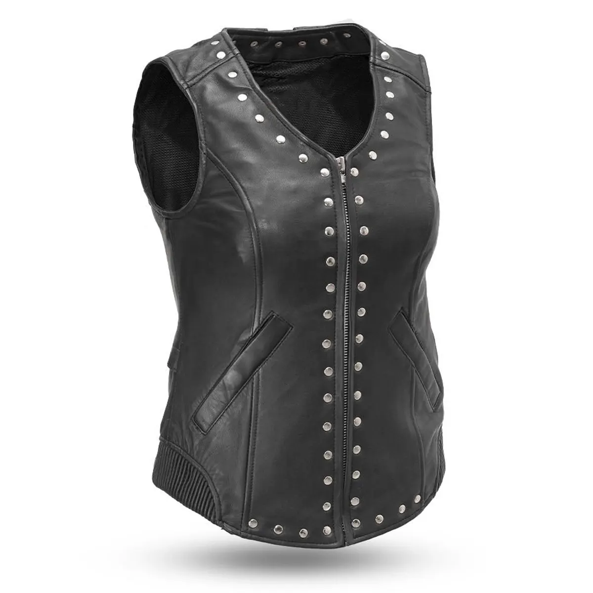 Diamond sheepskin leather vest Rivet and corset back detailing stretch relief at hips stylish elegant leather for women's.