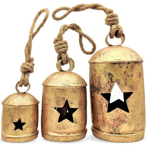 Diseño antiguo Color dorado Metal Festivo Campana de Navidad Color dorado Juego de 3 Diseñador hecho a mano Aspecto atractivo con mango de cuerda - Product Image 1