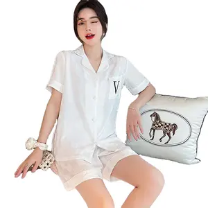 Supplier Short Sleeve Blouse And Shorts Summer Breathable Satin Silk Solid Color Collar Pajamas Sets Sleepwear For Women Couple