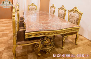 Table à manger traditionnelle sculptée à la main avec chaises ensemble de table à manger en bois polonais doré ensemble de salle à manger luxueux en bois de teck 6 places - Product Image 6