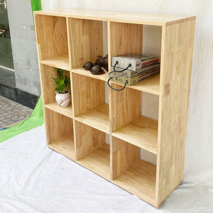 3-Tier 9- Shelf <b>Bookshelf</b> Simple Design Made of Rubber Wood Standing Type for Living Room-KS68148 - Product Image 4