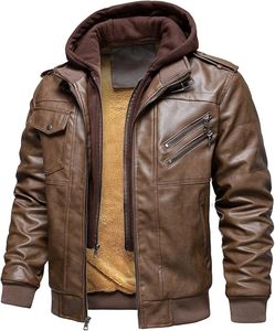 Men's Casual Stand Collar Zip-Up Motorcycle Bomber <b>Jacket</b> PU Faux Leather with Removable <b>Hood</b> - Product Image 3