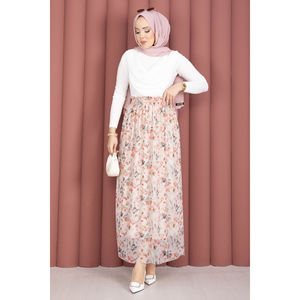 For Cream Floral Patterned <b>Elastic</b> Waist Chiffon Tulle <b>Skirt</b> with Soft Print Decoration - Product Image 3