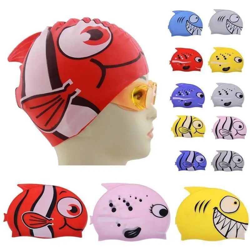 주문 만화 상어 인쇄 실리콘 방수 수영 모자 방수 실리콘 물 스포츠 아이들의 수영 모자