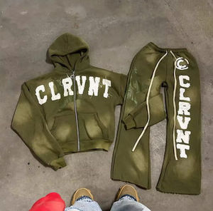 Streetwear de luxe personnalisé Ensemble de survêtement en molleton à capuche unisexe deux pièces en coton respirant Broderie ajustée décontractée en détresse - Product Image 3