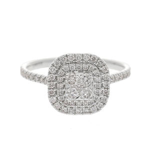 Elegante Anillo de Compromiso de Oro Amarillo de 14K con Baño de Rodio, Clásico con Diamantes Naturales, Diseño Triple Halo con Incrustaciones en Forma de Cuadrado para Mujer - Product Image 6