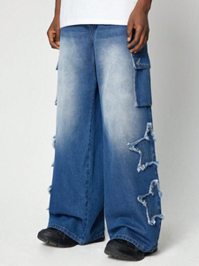 Demin <b>Men's</b> Casual Blue <b>Jeans</b> New American Style <b>High</b> <b>Waist</b> Wide Leg Hip Hop Design with Star Patch Plus Size Dark Light Washed - Product Image 5