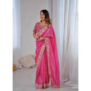 Lanzamiento de Nueva Tela de Sari Festiva Moderna, Premium Dorada con Bordado Pesado y Trabajo de Lentejuelas Reversibles - Product Image 1