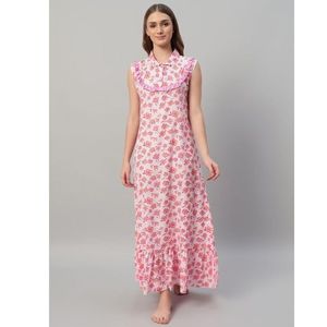 Camisón Largo de Encaje 100% Algodón para Mujer con Estampado Floral, Ropa de Dormir Elegante para Verano y Primavera - Product Image 1
