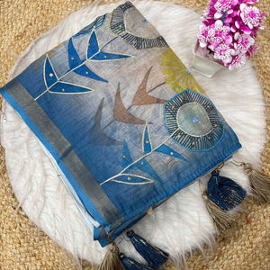 ผ้าส่าหรีผ้าฝ้ายแบบดั้งเดิม ประดับด้วยงานปักด้วยหินแบบ Khatli สำหรับผู้หญิง - ชุดสำหรับงานแต่งงานและงานเลี้ยง - Product Image 1