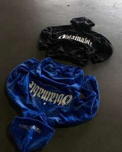 Streetwear personnalisé sweats à capuche avec fermeture éclair et fermeture éclair en strass vintage pour hommes avec patch de broderie en éponge française avec fermeture éclair Boxy - Product Image 4