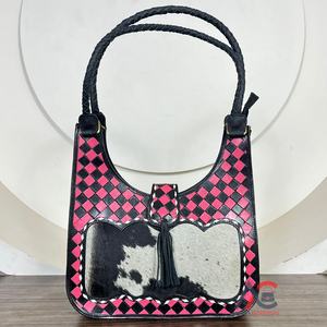 Bolso de Mano de Cuero Vacuno Hecho a Mano de Diseño Personalizado de Marcas de Lujo, Diseño Occidental, Bolso de Hombro a Cuadros Rosa y Negro para Mujer - Product Image 1