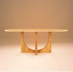 Mesa de comedor de madera de mango ovalada rústica con base de soporte arqueada única para restaurantes y cafeterías. - Product Image 4