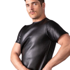 เสื้อยืดหนังผู้ชายสีดำ หนังเทียม คอกลม เสื้อคลับแวร์แนวเฟติช พร้อมซิปหลายจุด - Product Image 2