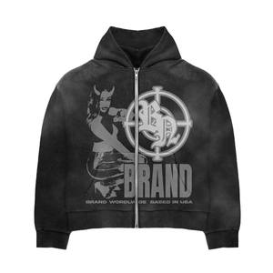 Ensemble deux pièces personnalisé délavé à l'acide sweat à capuche zippé vintage vert jambe droite pantalon de survêtement évasé imprimé survêtement de jogging hiver - Product Image 2