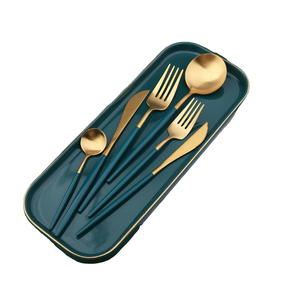 Juego de Cubiertos de último diseño de Venta caliente, juego de cubiertos de acero inoxidable dorado, juego de postres reales de acabado único con bandeja - Product Image 1