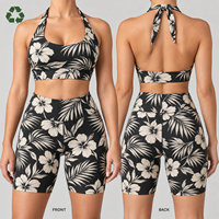 Ensemble de vêtements de sport en nylon bio recyclé personnalisé, imprimé floral, col halter, débardeur court, séchage rapide, sans couture sur le devant, short de yoga, leggings