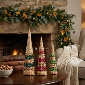 Handwoven Christmas <b>Tree</b> Cone Decor Set of 3 Eco-Friendly Indoor <b>Tabletop</b> Pine <b>Tree</b> Ornament Natural Green Red Weave - Product Image 2