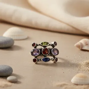 925 Sterling <b>Silver</b> Cluster <b>Ring</b> With Amethyst Garnet And Iolite Gemstones Bezel Set Bohemian Style Unisex Jewelry - Product Image 1