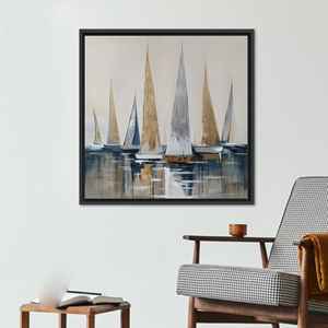 Impression sur toile abstraite de bateau à voile en or et gris, style côtier, encadrée en noir - Product Image 1