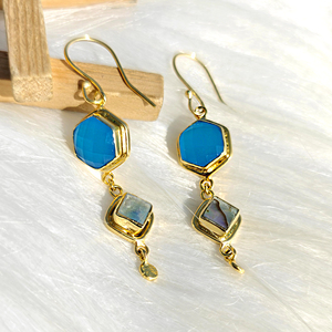 Pendientes de Mujer con Concha de Abulón y Calcedonia Azul, Pendientes de Doble Piedra, Chapados en Oro de 18k, Joyería al por Mayor, Pendientes de Gancho - Product Image 6