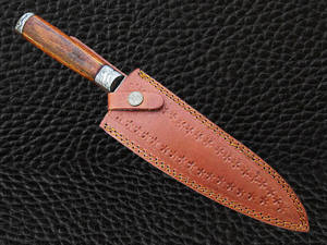 Cuchillo de cocina de acero de Damasco hecho a mano con mango de madera acolchado personalizado de alta calidad y Funda de cuero para cortar verduras - Product Image 5