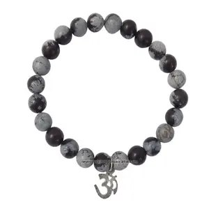 Perles rondes extensibles en cristal gris et noir pour femmes, hommes et filles Bracelet avec métal Om