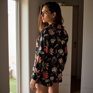 Traje de pijama con estampado de hojas para mujer, conjunto de pantalones cortos de viscosa suave y sedosa con camisa de manga larga, ropa para dormir para mujer - Product Image 3