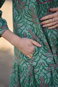 Shey Hand Block Printed Cotton Dress Boho Floral <b>Green</b> <b>Pink</b> Casual Summer Wear - Product Image 2